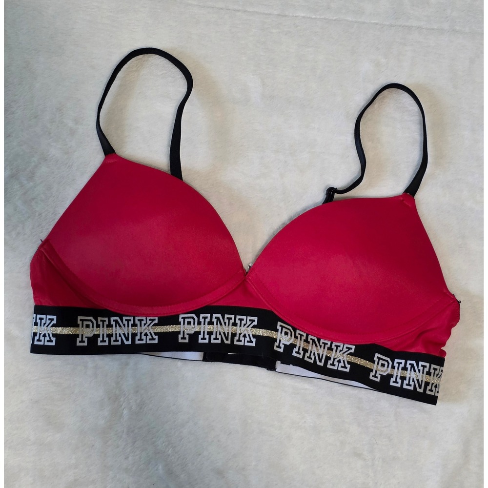 Victorias Secret PINK Wear Everywhere Wireless Push Up Bra Red Gold Logo 36A Y2K